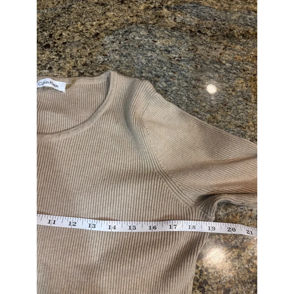 Calvin Klein Womens Ribbed Knit Sweater Tan Lettuce Trim Long‎ Sleeve M